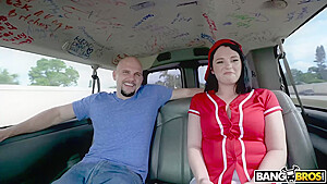 Brunette in a red shirt got fucked in the back of a van